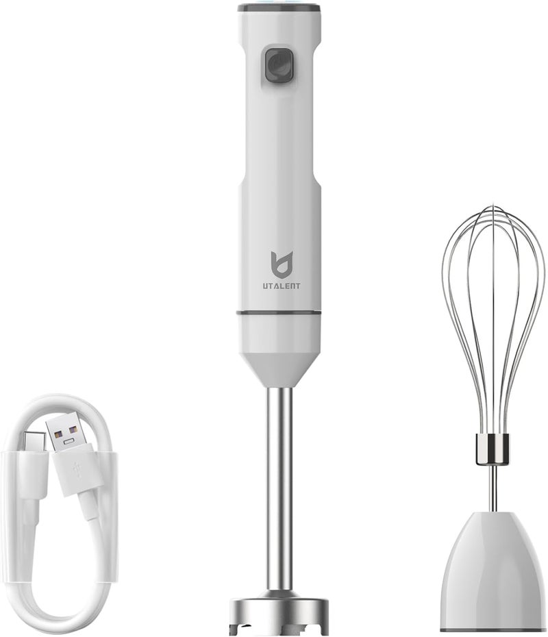 UTALENT Cordless Hand Blender, Variable Speed Immersion Blender handheld Rechargeable, with USB-C Charging Cable, Egg Whisk, for Smoothies, Milkshakes, Hummus and Soups – White - Image 1
